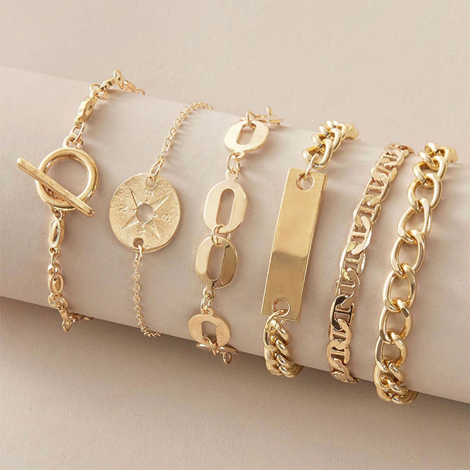 6Pcs Vrouwen Ketting Armbanden Goud Kleur Geometrische Kompas Charms Punk Stijl Armbanden Voor Vrouwen Partij Sieraden: Default Title