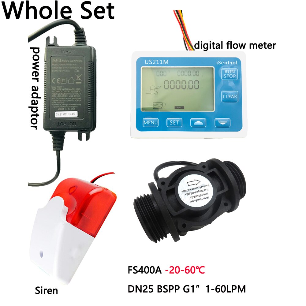 US211MA Water Flow Meter Totalizer Alarmer and PA66 FS400A Flow Senor Turbine flowmeter G1" BSPP Water Suspend Alarming System