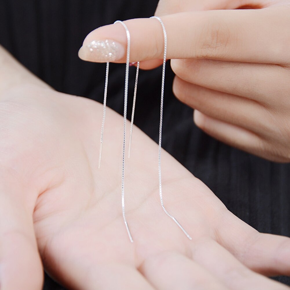 1 Paar Zilveren Lijn Draad Threader Dangle Oorbellen Kwastje Draad Bars Rolo Ketting Oorbellen Lange Oorbellen Voor Vrouwen Sieraden