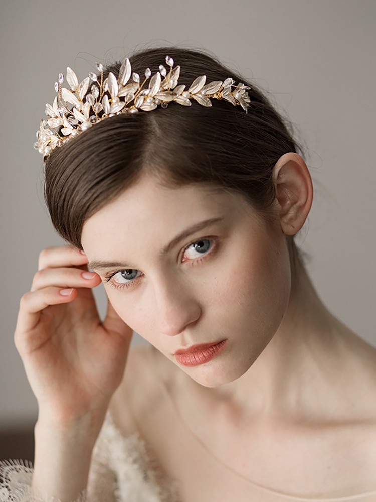 Vintage Aristocratische Gold Strass Parel Kristal Bladeren Noble Vrouwen Bruid Kroon Bruiloft Hoofdband Haaraccessoires