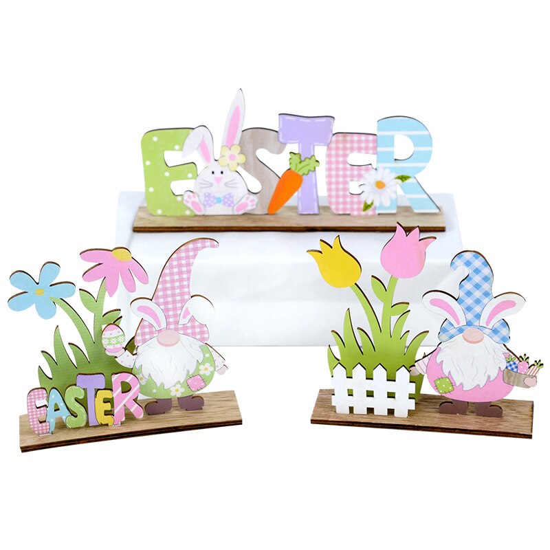 Happy Easter Spring Wooden Letters Decoration Easter Ornaments Bunny Carrot Faceless Gnome Wood Craft Kids Toys Party Decor