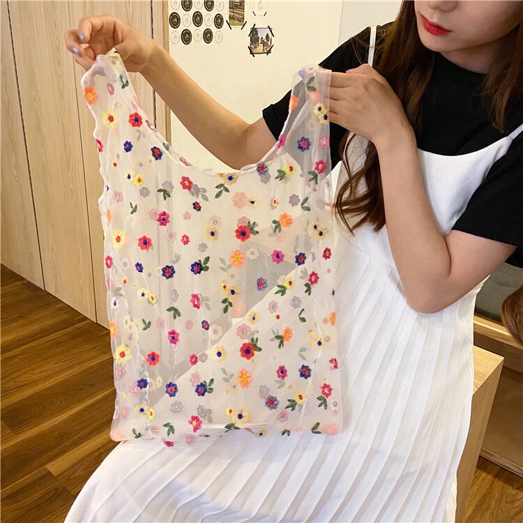 flor bordado mano bolsa Organza Casual Tote bolsas de malla para compras mujer bolsos de mano: e