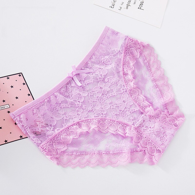 Sexy Women&#39;s Panties Thin Transparent Briefs Lace Underwear Low Rise Underpants Girls Bow Cotton Lingerie: Purple panties / L for 45-55kg