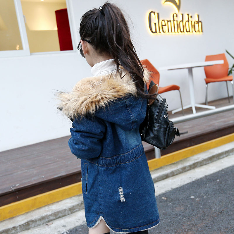 Denim Winter Jacket for Girls Children Coat Big Kids Faux Fur Coats Hoodies Jacket Warm Teenage Winter Jackets Clothing for Girl