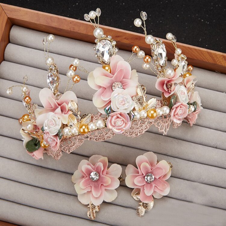 Dolce rosa della sposa fatto a mano in rilievo del merletto tiara corone corona tocados para novias di ceramica dei capelli del fiore del copricapo