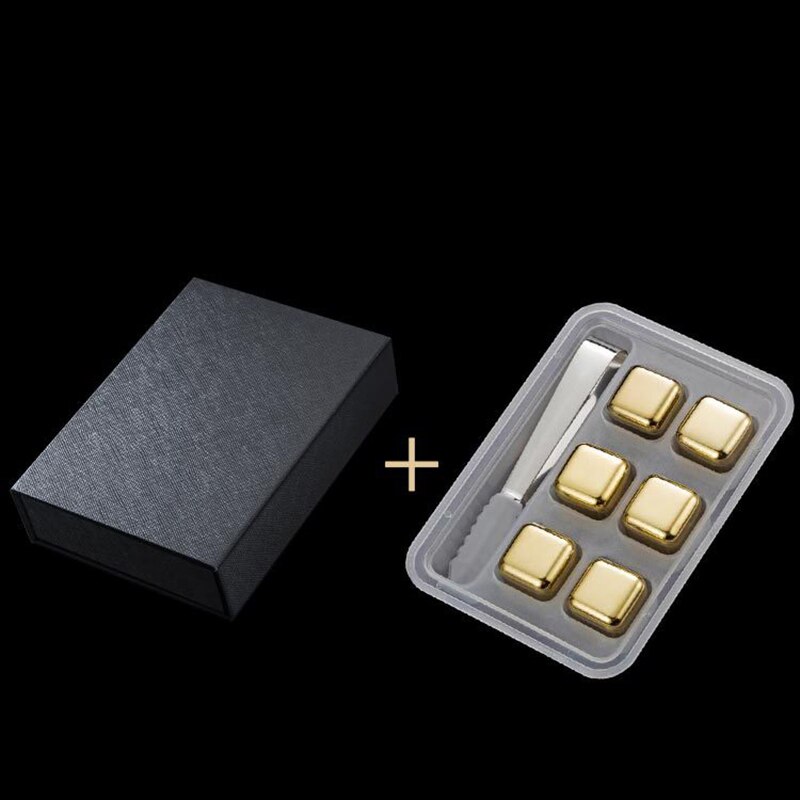 6/8PCS Boxed Stainless Steel Whiskey Stones Ice Cubes Eco-Friendly Stone For Wine Cooler Whiskey Stones Cube Beer Chillers: Gold square-6pcs