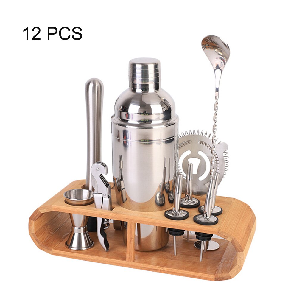 12Pcs/Set Cocktail Shaker Mixer Bartender Kit with Stylish Wooden Stand 750ML Stainless Steel Bartending Kit for Home Bar Party: 12Pcs