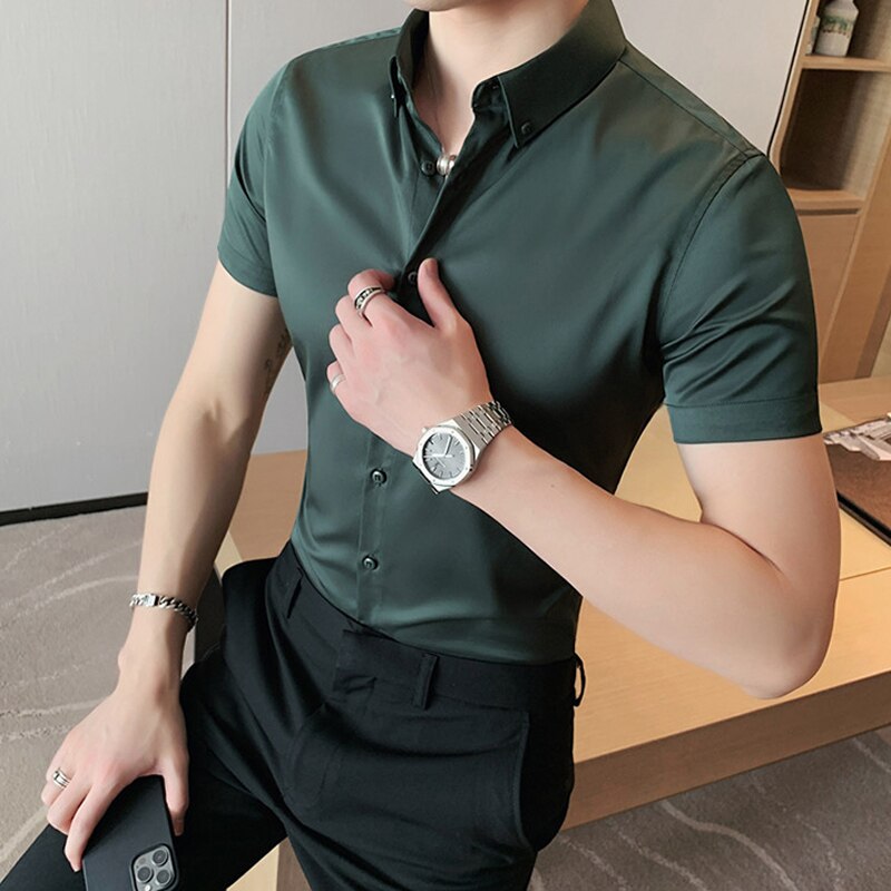 Korea style moda letnia nowa koszula męska z krótkim rękawem Slim Fit zielony biały codzienny przycisk Casual koszule na przyjęcia towarzyskie mały rozmiar azjatycki