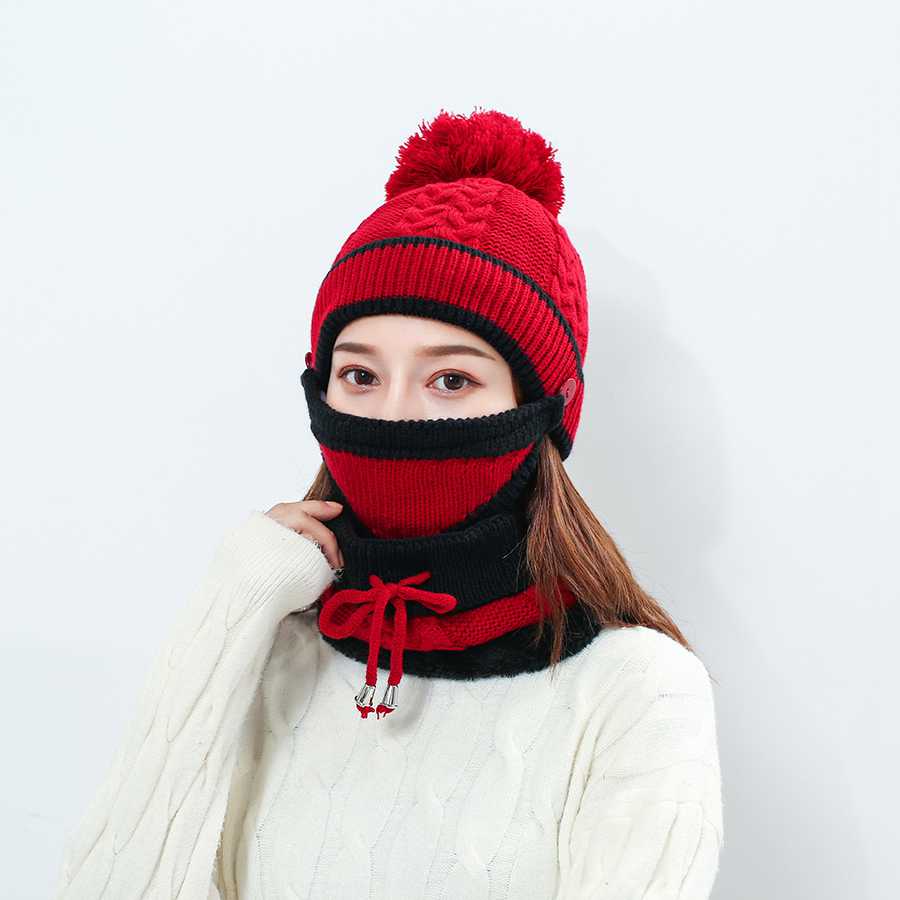 Vinter stickad ull varm mössa kepsar halskrage tre st set motordrivare vindtät #39 mössa halsduk mask set för kvinnor: Röd