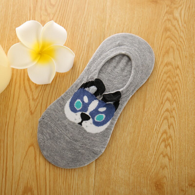 Urgot 5 Pairs Womens Socks Invisible Cute Three-dimensional Cartoon Dog Short Socks Silicone Anti-skid Female Cotton Socks Meias: B