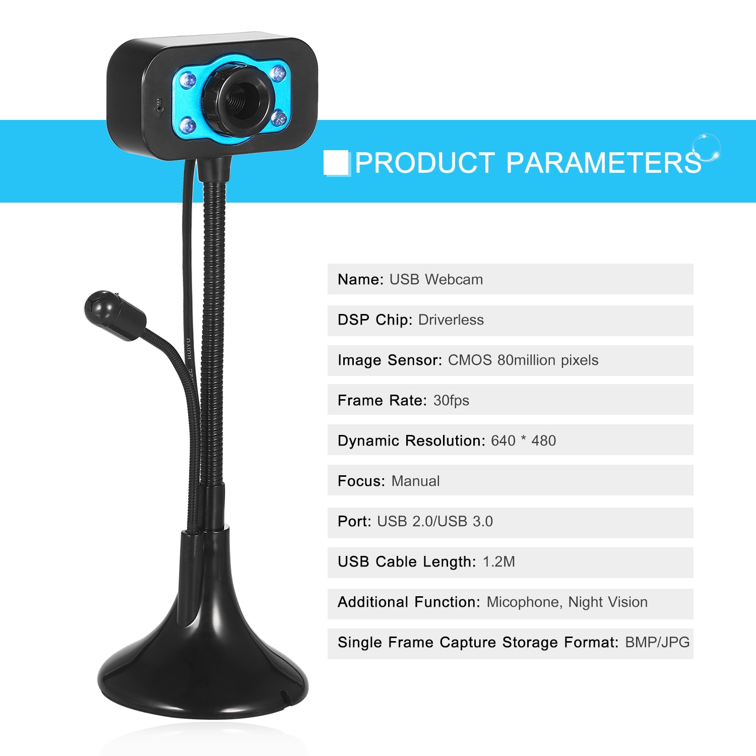 HD Webcam USB Desktop Laptop Camera Video Calling Computer Camera with Mic Night Version LED Light Flexible Rotatable stander