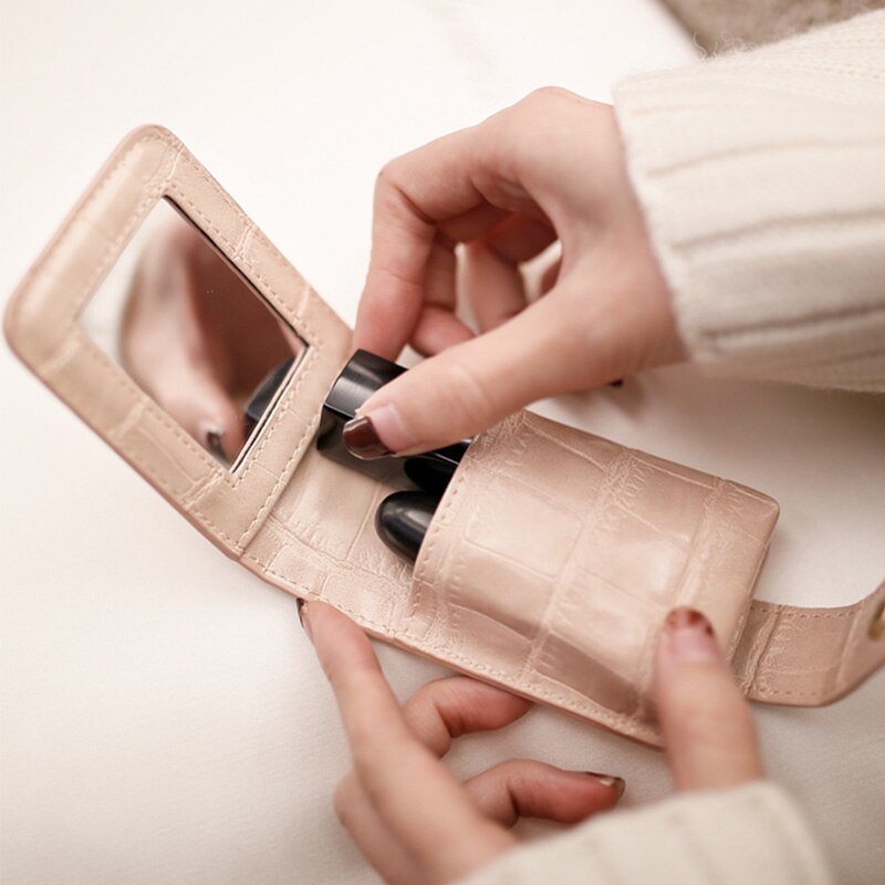 Lipstick Cosmetische Tas Met Spiegel Make-Up Tas Travel Pouch Organizer Pu Lederen Draagbare Beauty Case Toolbox Kleine Opslag Gevallen