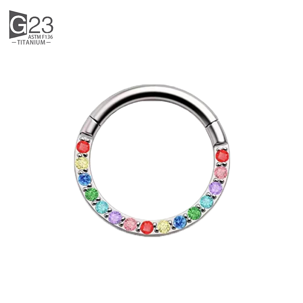 100% G23 anillo de titanio para la nariz para mujer pequeño tabique Nasal cartílago aro pendiente Piercing 16 gramos frontal Lnlaid Rainbow CZ bisagra: Blanco / Color amarillo dorado claro