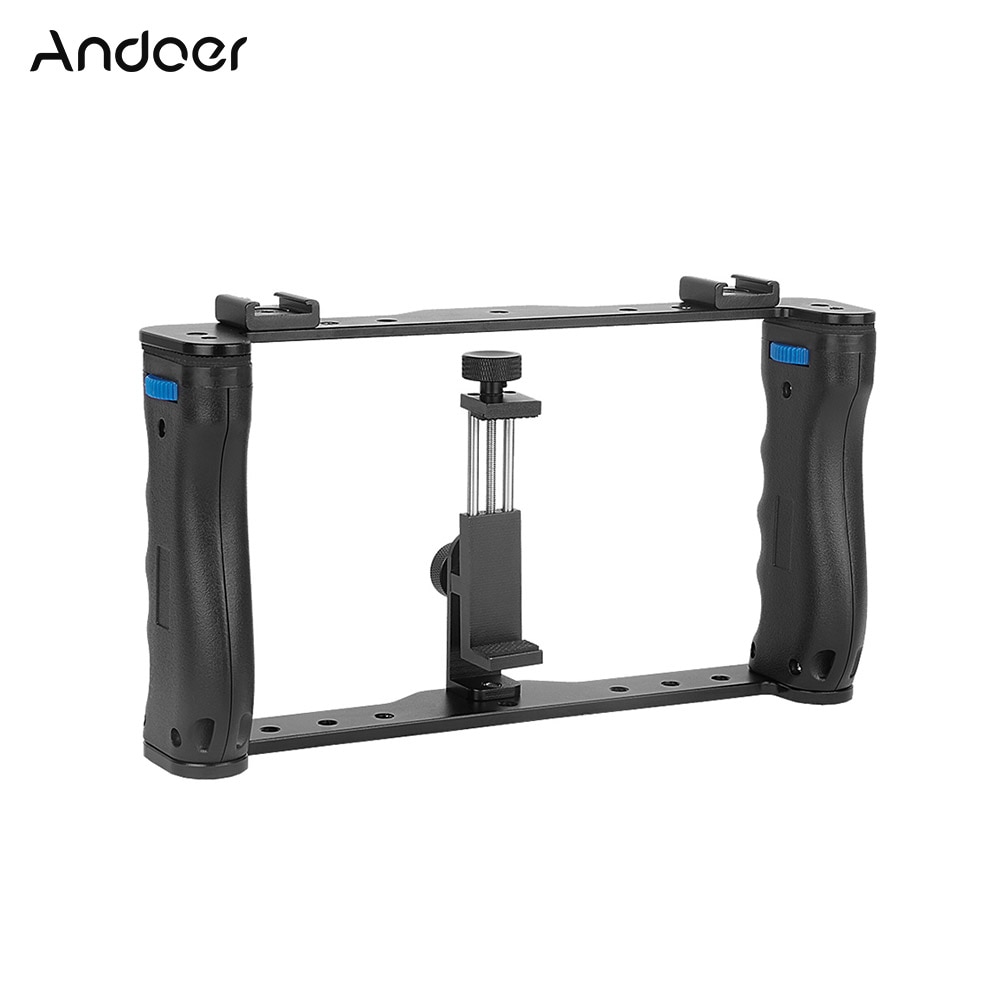 Andoer Dual Handheld Smartphone soporte fotográfico jaula Rig DIY teléfono Video estabilizador con tornillo de Clip de teléfono