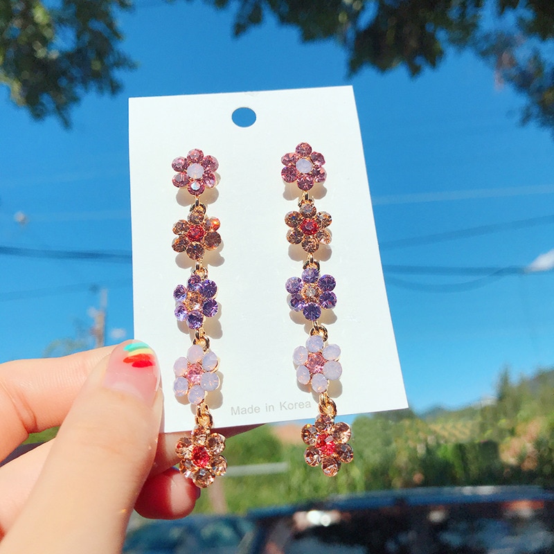 Korean Shiny Colorful Crystal Flower Earrings For Women Girl Daily Cute Accessories