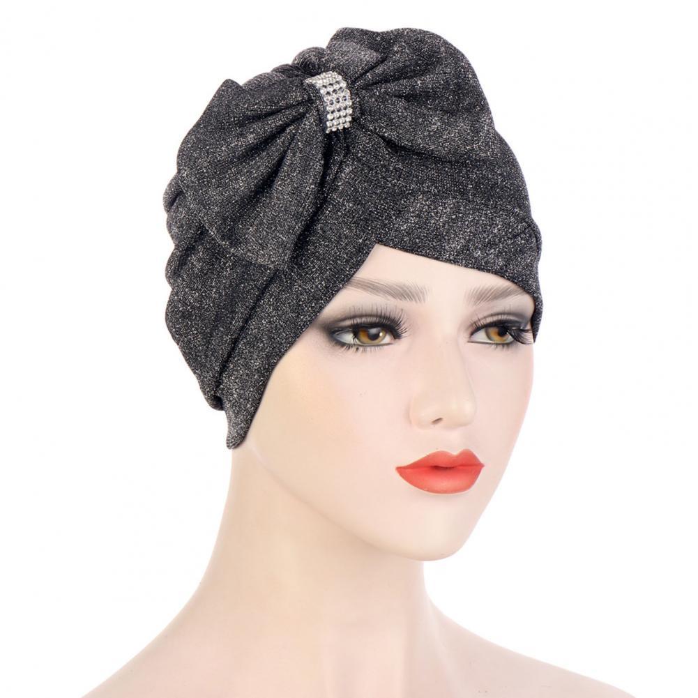 Tulband Cap Effen Kleur Vrouwelijke Glitter Warme Boog-Knoop Beanie Hoed Beanie Headwrap Voor Wassen Gezicht: Black