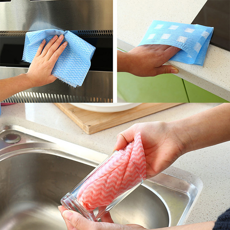 Chiffons de nettoyage jetables en tissu Non tissé, 50 feuilles/rouleau, serviettes de cuisine, chiffons pratiques à rayures