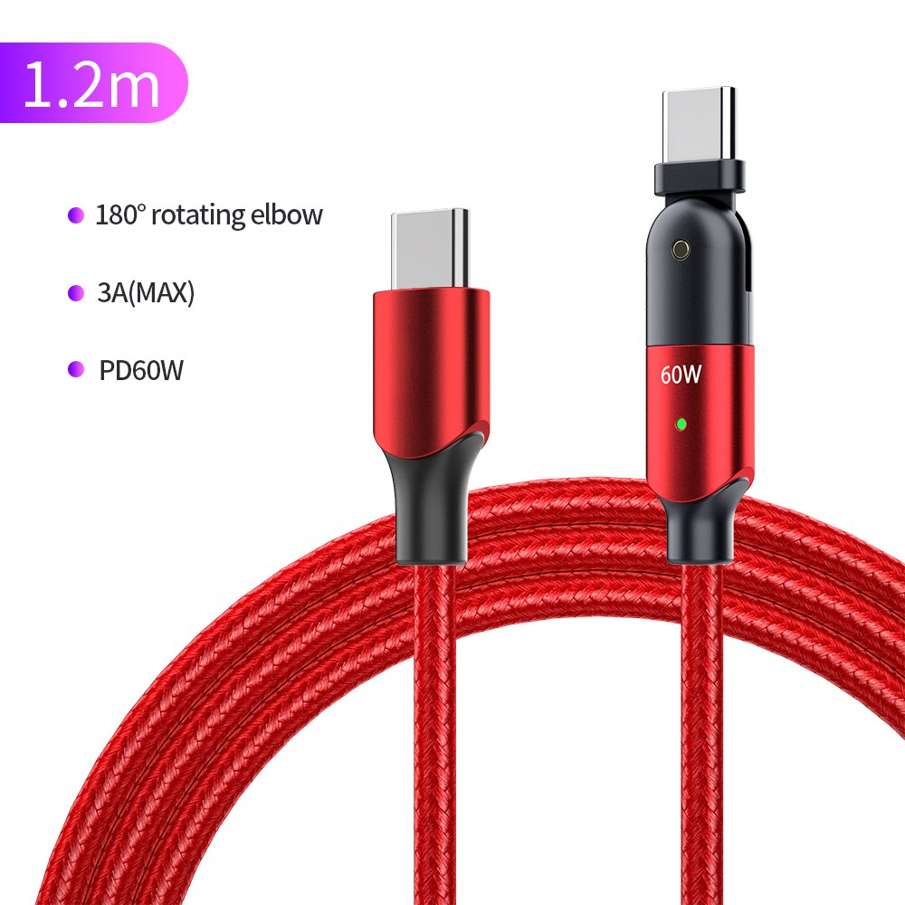 Câble PD 60W/100W USB type-c 5A en Nylon, charge rapide, transfert de données, Rotation à 180 degrés, pour Samsung, Xiaomi, Macbook: 60W Red / 1.2m