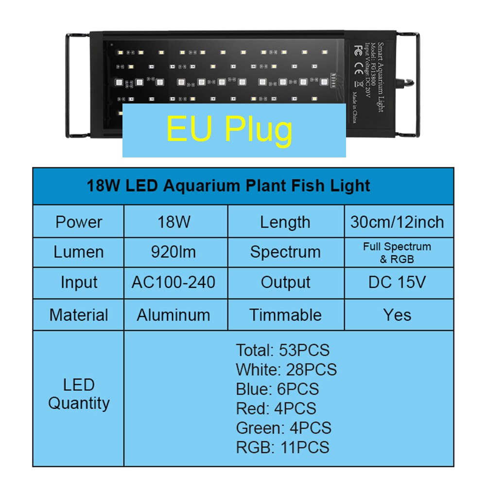 18W 24W Aquarium Light Full Spectrum12inch 18inch Programmable Light Aquarium Timer Sunrise Sunset for RGB Plant Fish Tank Lamps: A30cm-18W-EU
