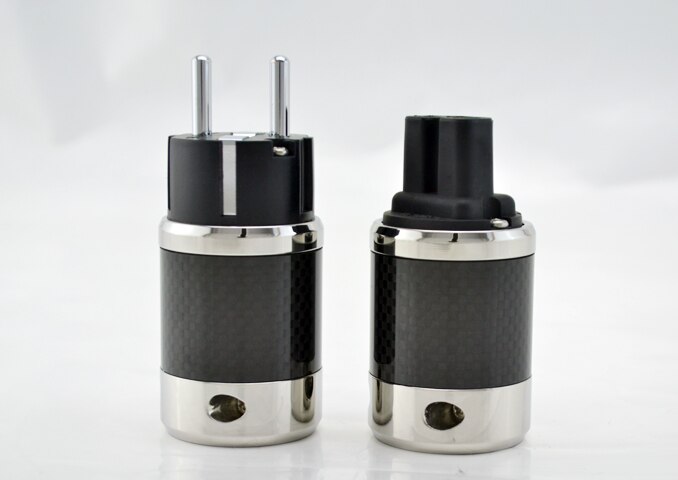 Paire haut de gamme en Fiber de carbone plaqué Rhodium câble d'alimentation ca IEC connecteur femelle Hifi 2 broches EU EUR schuko prise de courant