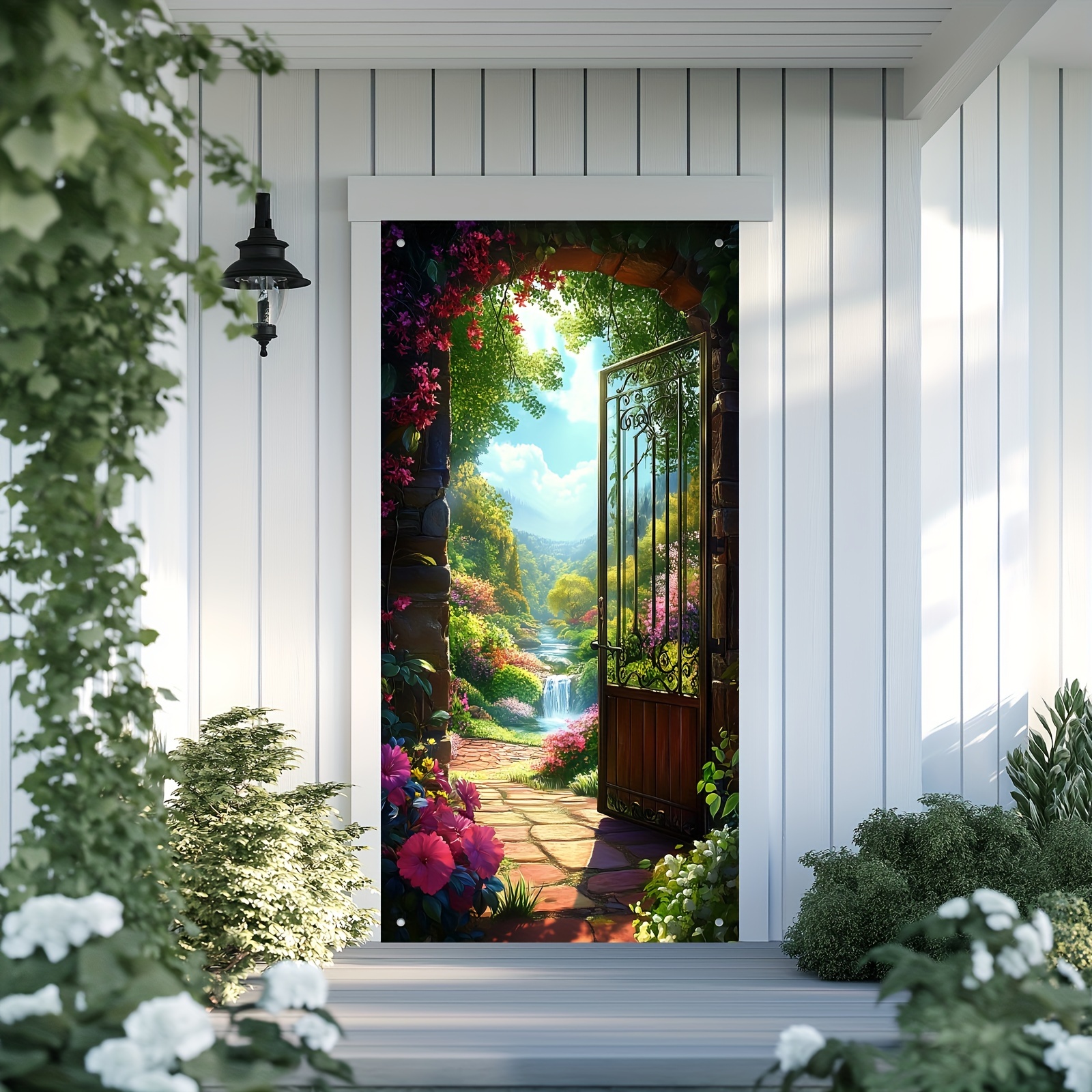 Klassieke stijl tuin ijzeren poort deurhoezen: lente boerderij veranda banners vakantiefeesten en festivals - multifunctioneel