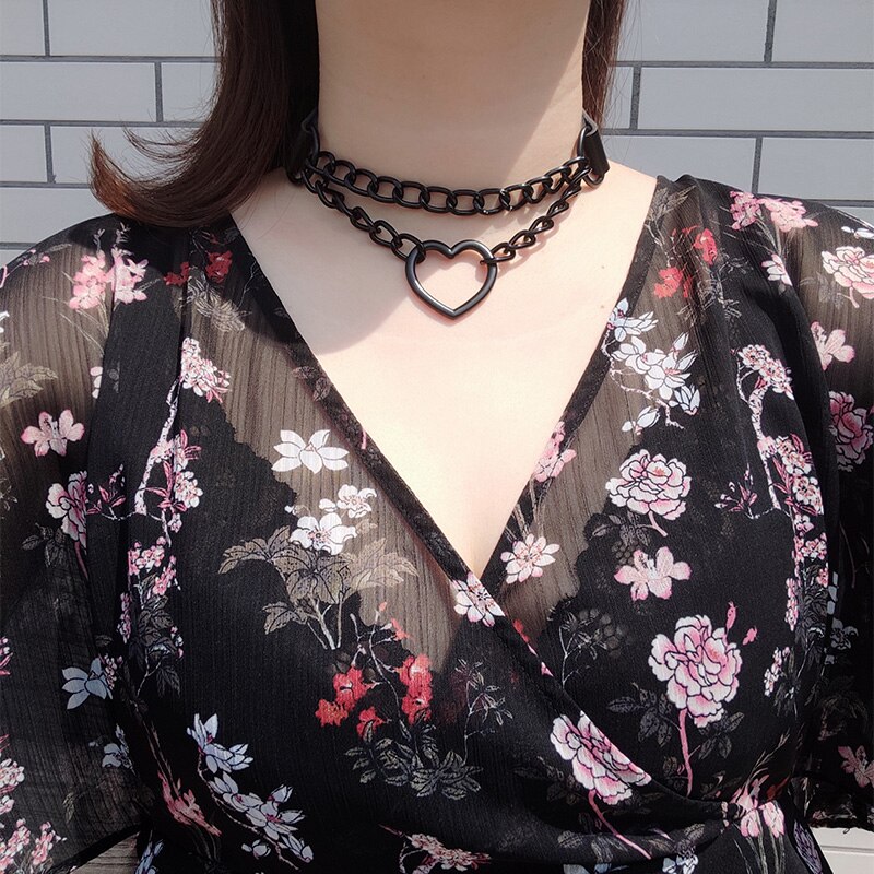 Black Gothic heart Punk Choker goth chain collar dark pu leather chocker Rock necklace women girls festival Jewelry