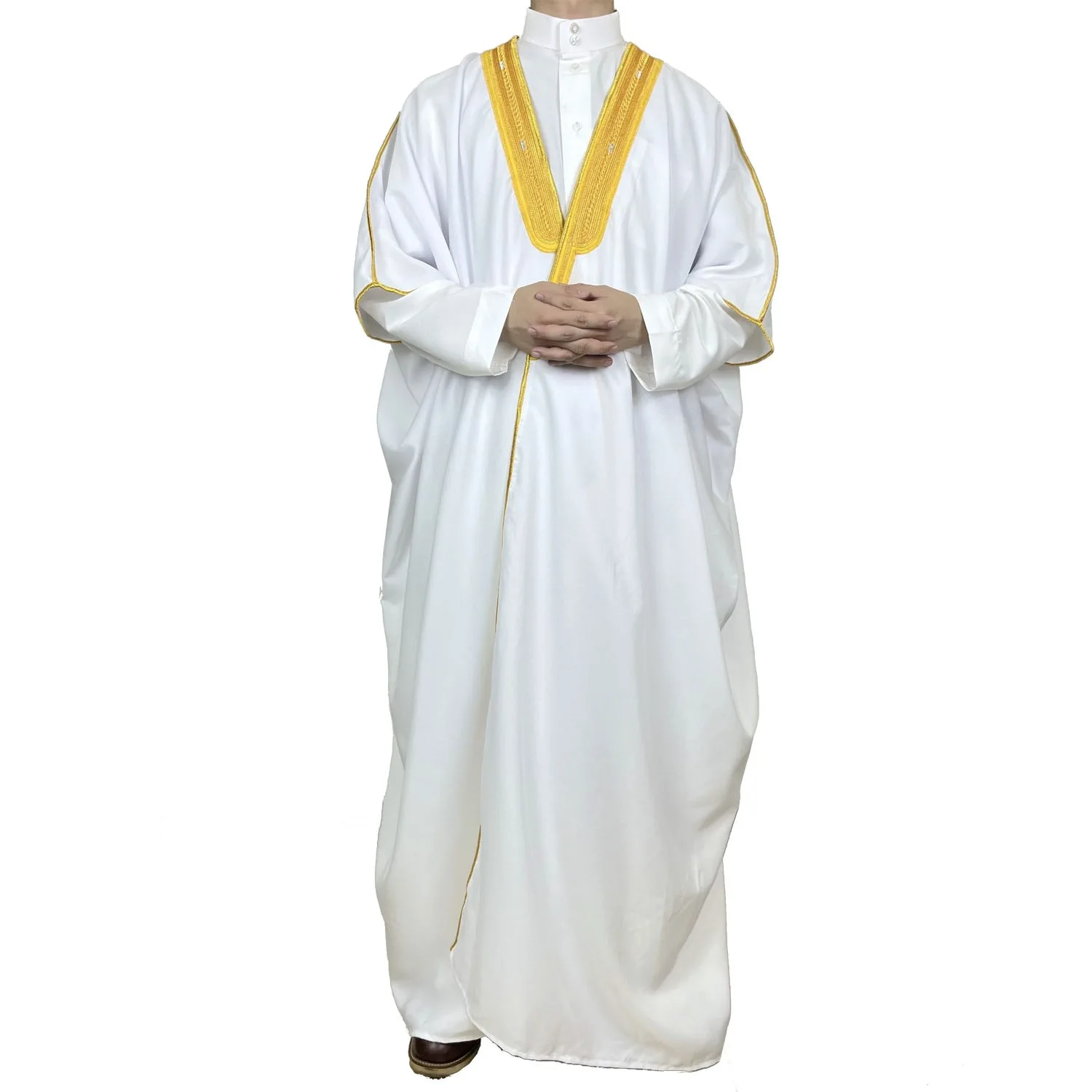 Midtøsten menns åpne abaya muslimsk kjole kimono dishdasha islam klær dubai saudiarabisk kaftan brodert kappe bønnekjole thobe: M / Hvit