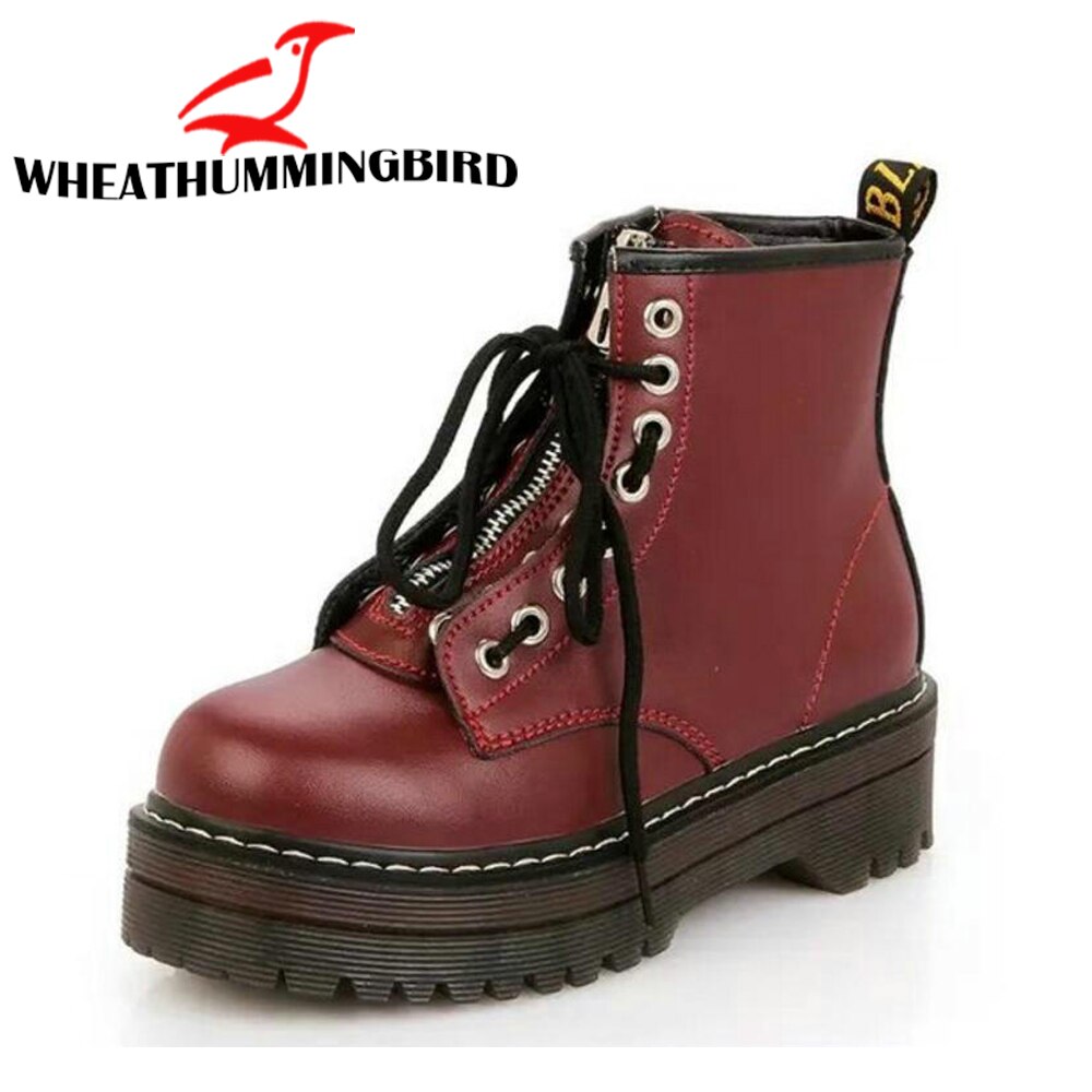 Frauen kurze knöchel Spitze hoch Stiefel Frau Plattform Leder draussen motorcyle Stiefel Reißverschluss Martin Bootie Punk Bota Feminina B12-05: Wein-verrotten / 10