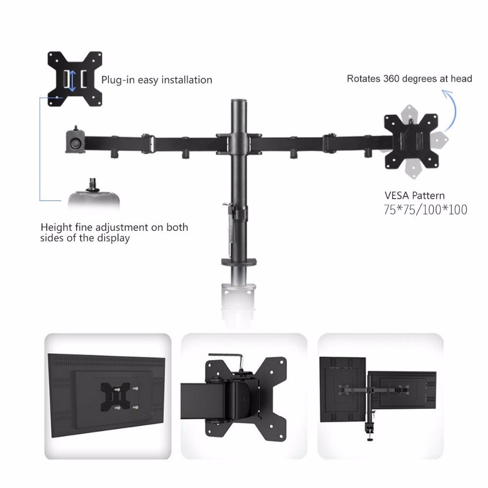 Fully Adjustable Dual Arm LCD LED Monitor Desk Mount Stand Bracket for 13"-27" Screens with 15 degree Tilt