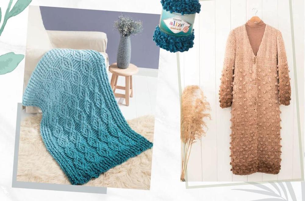 Finger Knitting Yarn - Easy Knitting - NO SKEWERS - NO NEEDLES - BIG - 73 Meters(500gr) - 12 Color- Alize Puffy Fine Ombre Batik