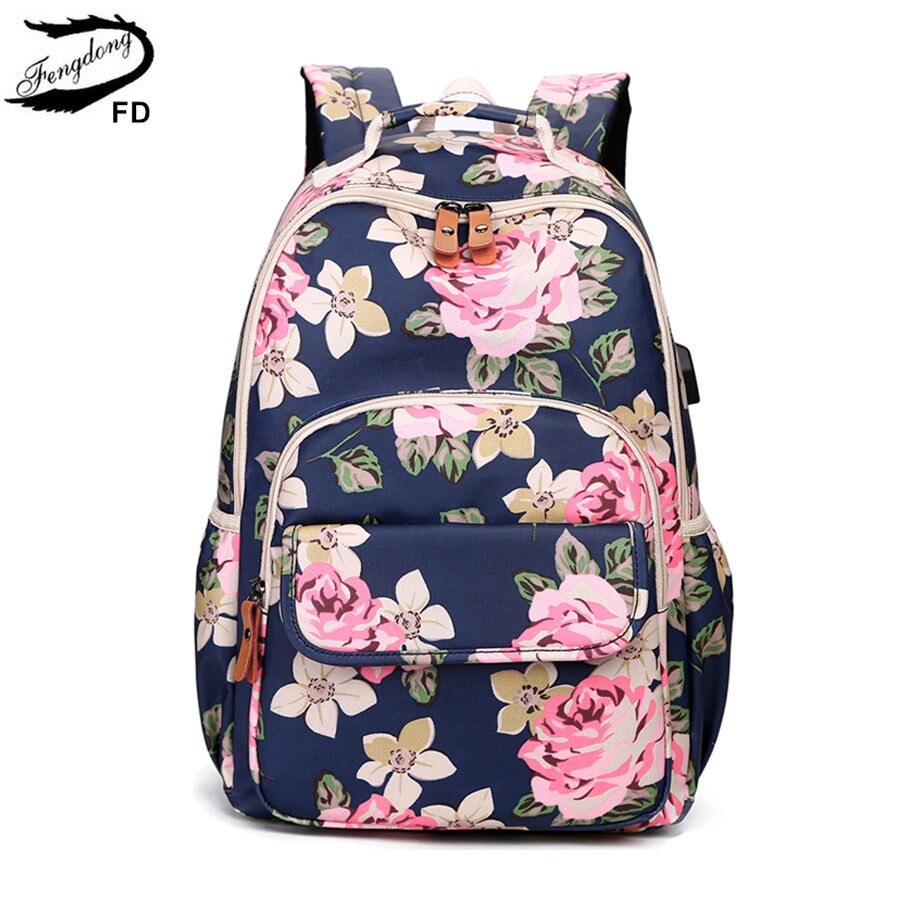 FengDong koreanische stil frauen Blumen- Rucksack blumen schule taschen für mädchen freundlicher Jahrgang druck schule Rucksack freundlicher bookbag: Blau