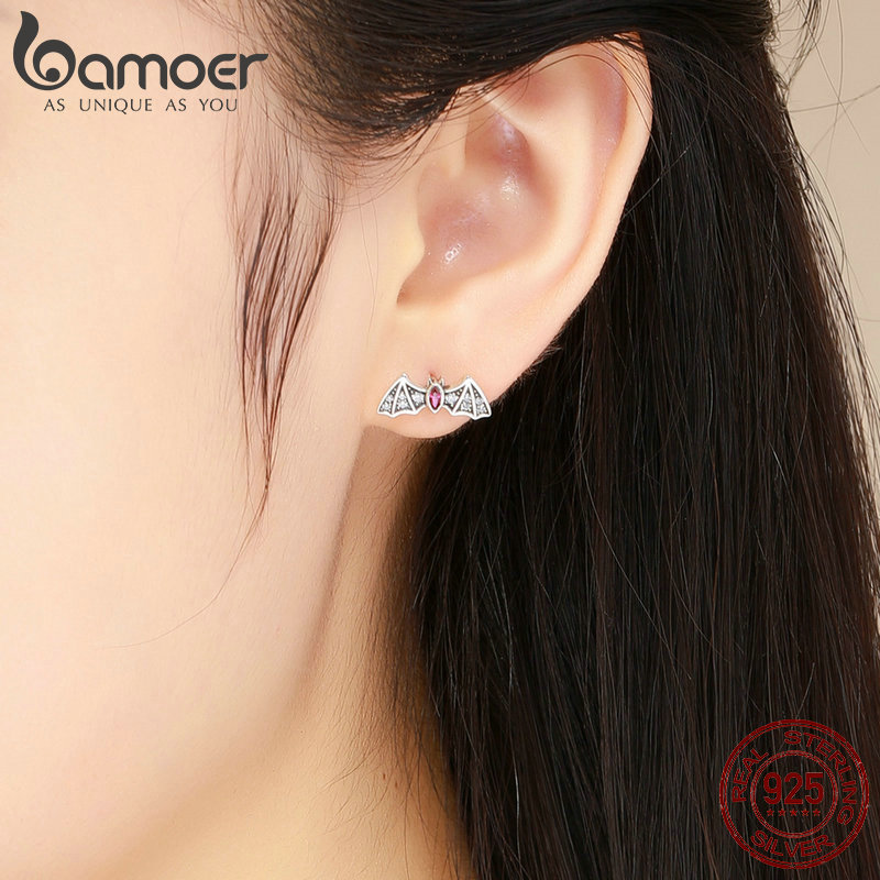 BAMOER Genuine 925 Sterling Silver Mysterious Bat Dazzling CZ Stud Earrings for Women Earrings Jewelry BSE004