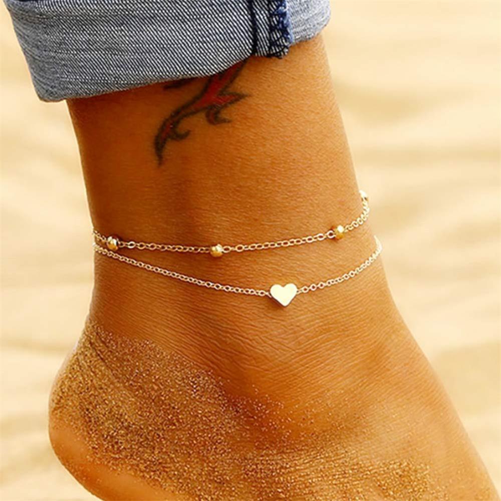 Stainless Steel Thin Bead Chain Heart Anklet For Women Double Layer Foot Anklet Sandals Bohemian Beach Leg Jewelry