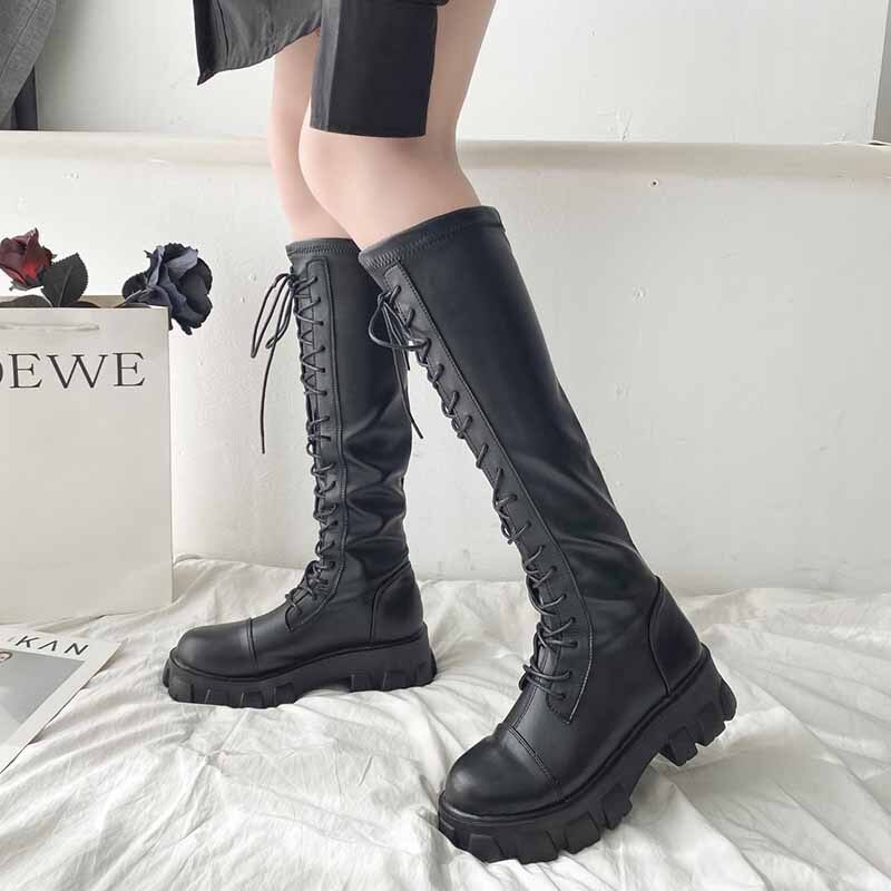 Dikke platform zwarte pu leren kniehoge laarzen dames dikke zool schoenen herfst winter veterschoenen lange laarzen