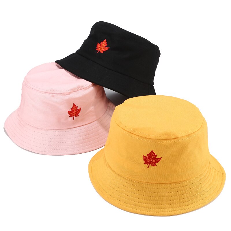 Leaf Embroidery Bucket Hat Protection Sun Hat Maple Foldable Cap Panama Packable Cotton Fisherman Hat For Men and Women