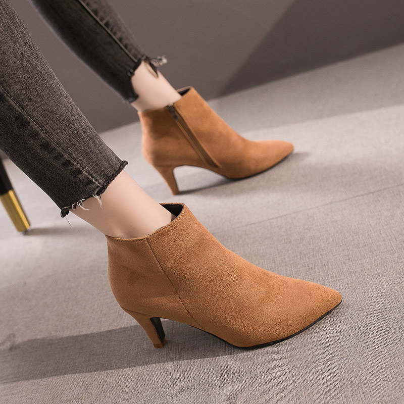 Bottines à bout pointu pour femmes, chaussures à talons hauts, fermeture éclair léopard, courtes, en peluche, décontractées, B037