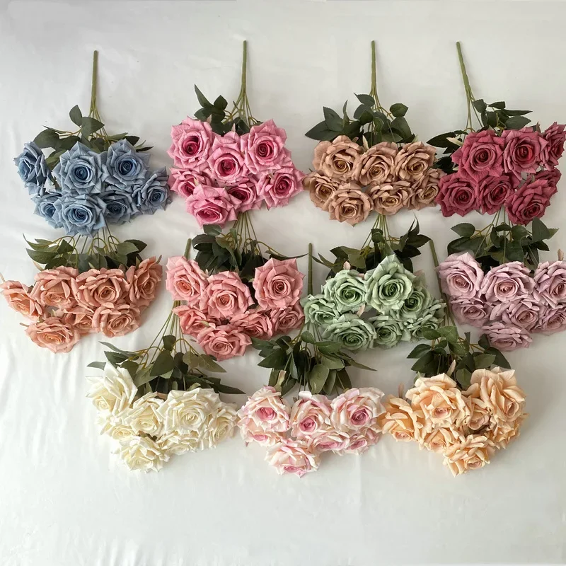 Flores artificiales, ramo de rosas de diamantes de seda, floristería de boda, decoración de navideña, polen de simulación, rosa roja, planta verde