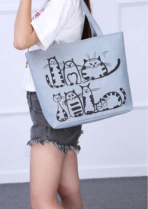 Harajuku Cartoon Cats Print Zipper Bag Canvas Shoulder Bag Messenger Satchel Tote Shopping Handbag