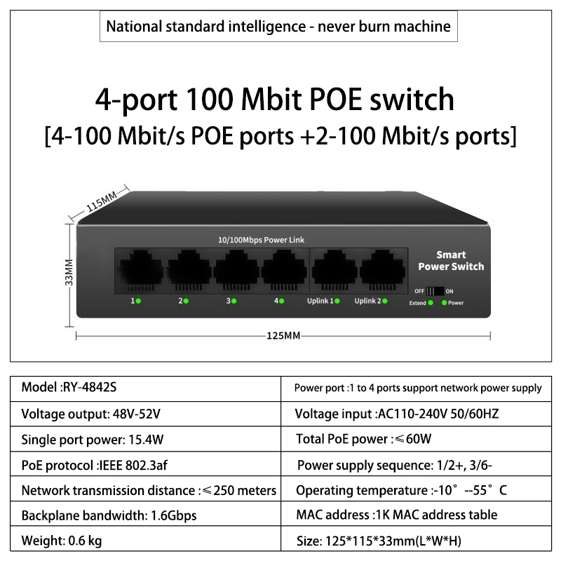 Série POE Switch gigabit ethernet 4/6/8/16/24 portas, POE ativo para câmeras IP, switch AP sem fio, Gigabit IEEE 802.3 AF/AT: BRANCO