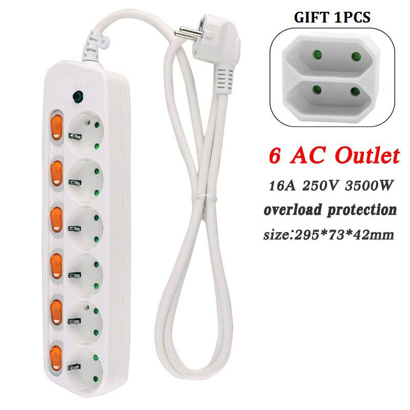 Hight Extension Cord Socket EU Plug Socket Separate Switch Control Power Strip with 2USB Charger Socket: EU PLUG L1.5M / 6AC EU outlet