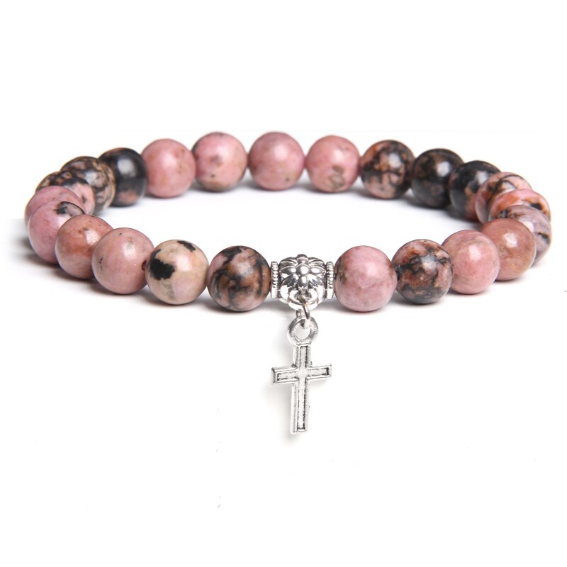 Natuurlijke kaart rhodochrosiet 8mm stenen kralenarmband voor dames, dames, pierre, zilverkleurig, metalen kruis, metalen bedelarmbanden voor dames: 2 rhodochrosiet / 17cm