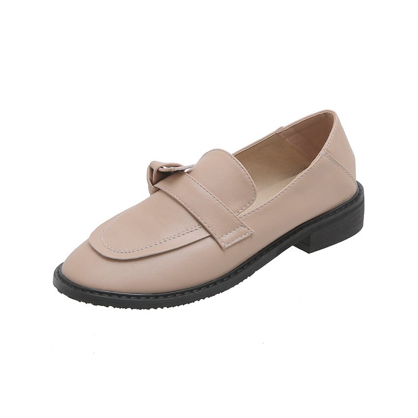 Qutaa sommerfugleknude rund tå kvinder sko pu læder casual damer pumps firkantet hæl slip on single sko stor størrelse 34-43: Abrikos / 11