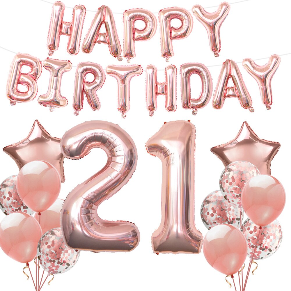 1Set Rose Gold 21th Birthday Party Decoration Happy Birthday Banner Helium Number Balloon 21 Anniversary Adult Party Decoration