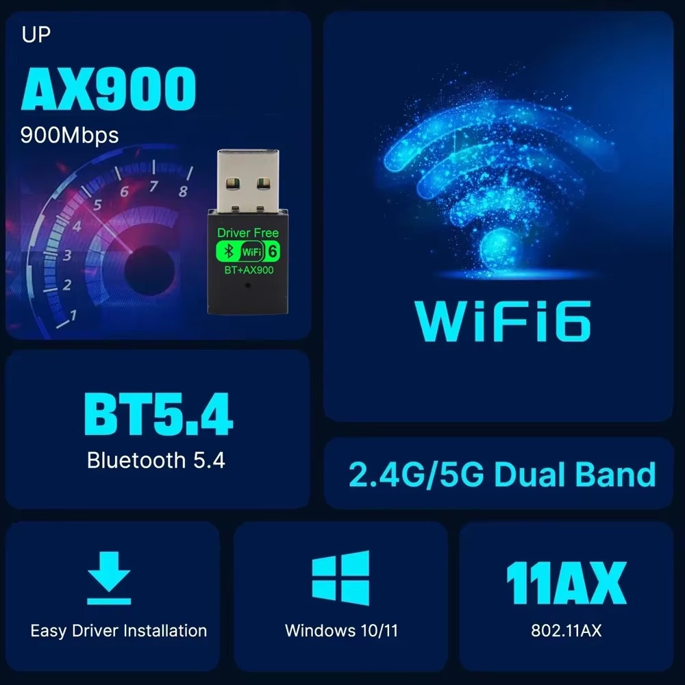 AX900 Wifi 6 Mini USB Dongle Scheda di rete BT 5.4 Ricevitore Dongle per Win 10/11 PC Dual Band 2.4G/5Ghz