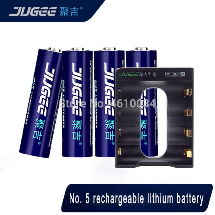 Jugee-batería recargable de iones de litio, AA, 1,5 V, 3000mWh + Cargador de baterías de batería de iones de litio de polímero de 4 canales: 4pc With charger