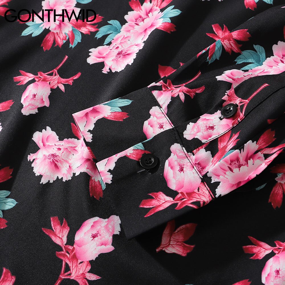 Gonthwid Pioen Bloemen Bloemenprint Lange Mouwen Hawaiiaanse Strand Shirts Heren Zomer Casual Button Down Strand Blouse Tops