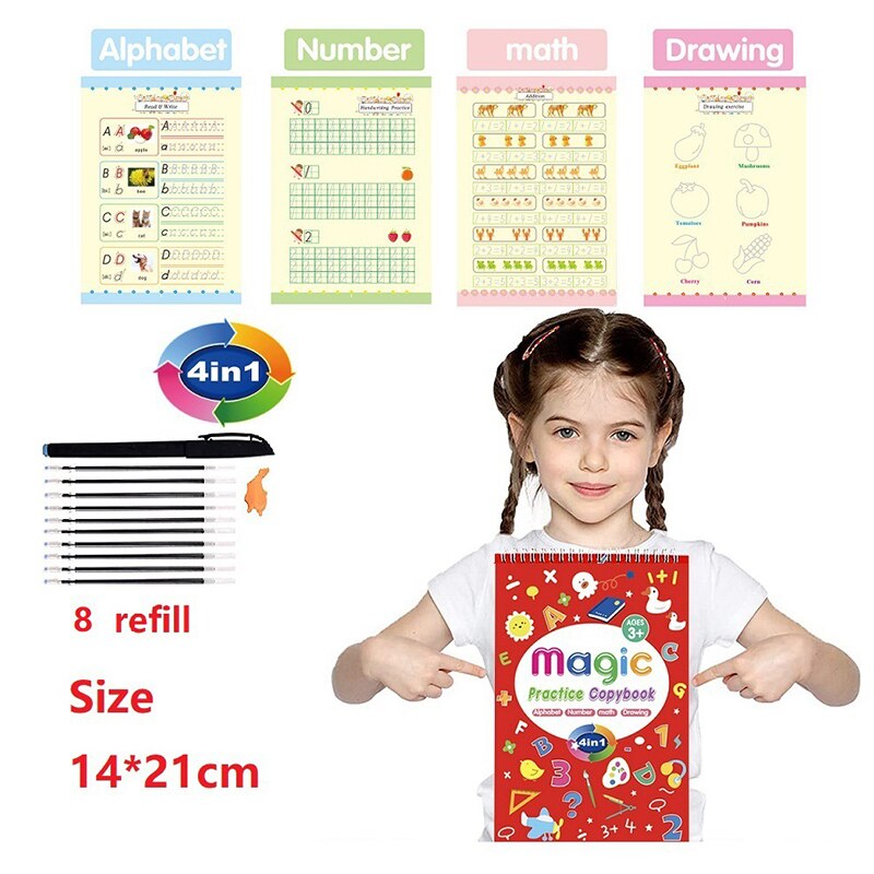 Magic Practice Copybook 4 in 1 Handwriting Practice Workbook Reusable Alphabet Number Math Drawing Copybook for Children QJY99: Set