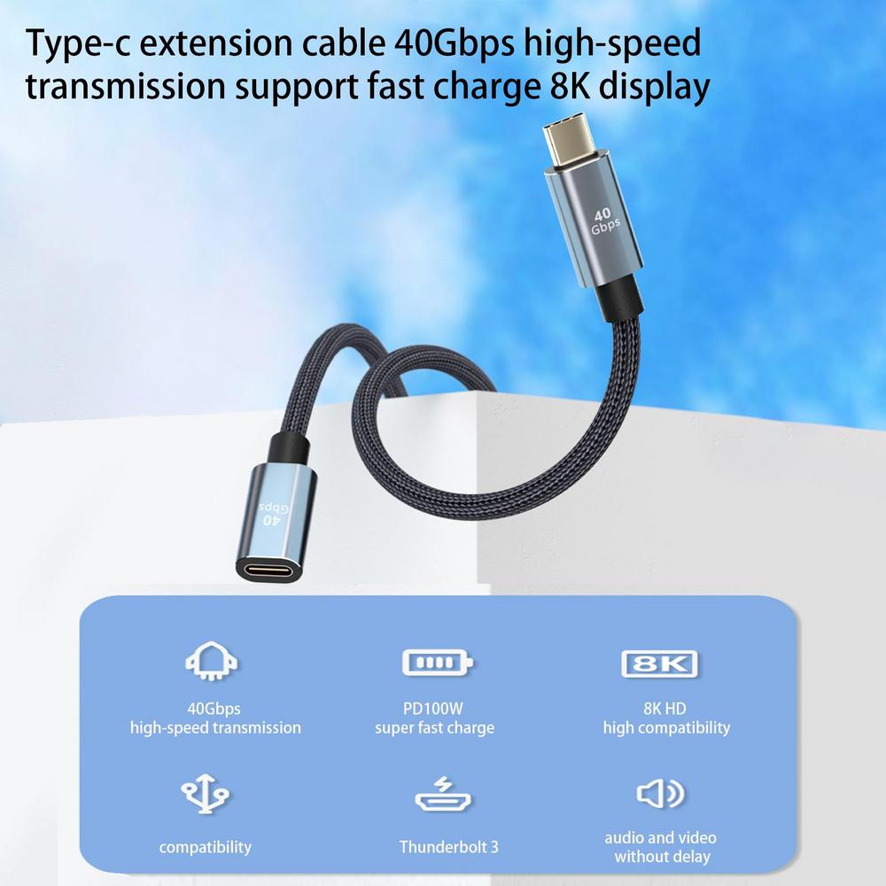 Thunderbolt 4 Extensão USB C, Macho para Fêmea, USB4 Estender, Cabo de Dados 40Gbps, 8K @ 60Hz, PD 5A 100W, Tipo-C, Fio de Dados para MacBook Pro