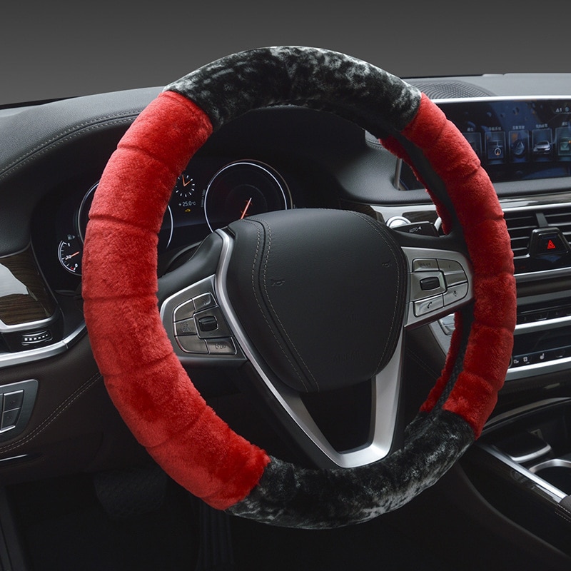 Comfortabele zachte pluche auto stuurwielhoes winter warme bont stuurwielhoes autodecoratie relive stuurwiel: Rood