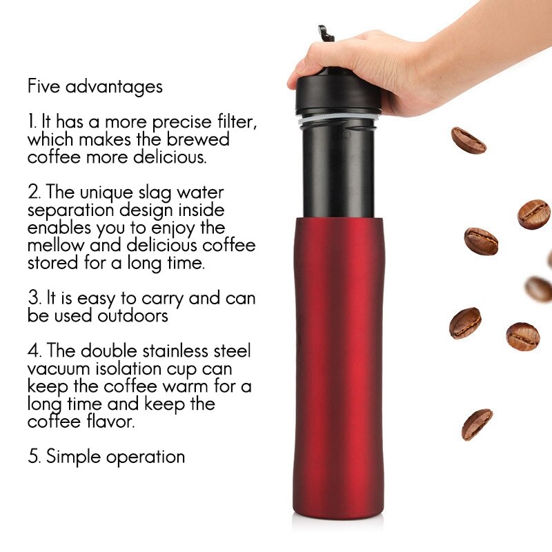 Edelstahl Tragbare Kaffee Presse Hersteller Reise mit Kaffee Kolben Filter Doppel Zauberstab Vakuum Becher Topf Silber